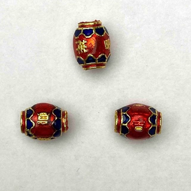 Cloisonné Bead Barillet Bead red blue enamel, 8×10 mm± hole, 1.8 mm diameter, gold-tone metal, 1 pc