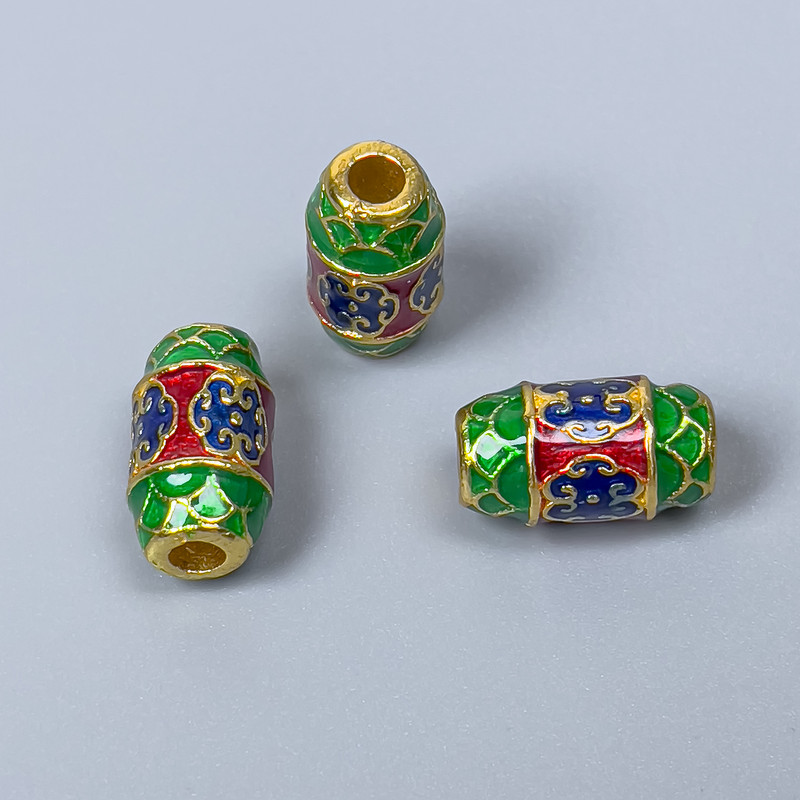 Cloisonné Bead Barilo in green, blue, and red enamel, 8x14mm bar shape with 3mm hole, gold-colored metal, 1 pc