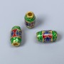 Cloisonné Bead Barilo in green, blue, and red enamel, 8x14mm bar shape with 3mm hole, gold-colored metal, 1 pc