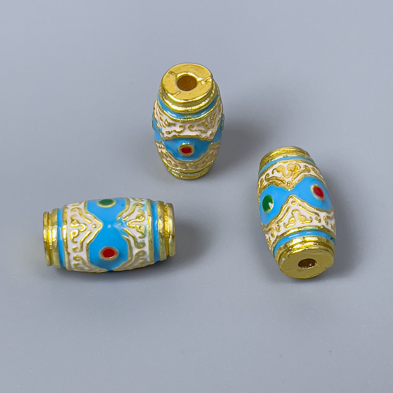 Clōisonné Bead Barillo, White-Blue-Red Enamel, 8x14mm Bar (Hole 2mm), Gold-Tone Metal, 1 pc