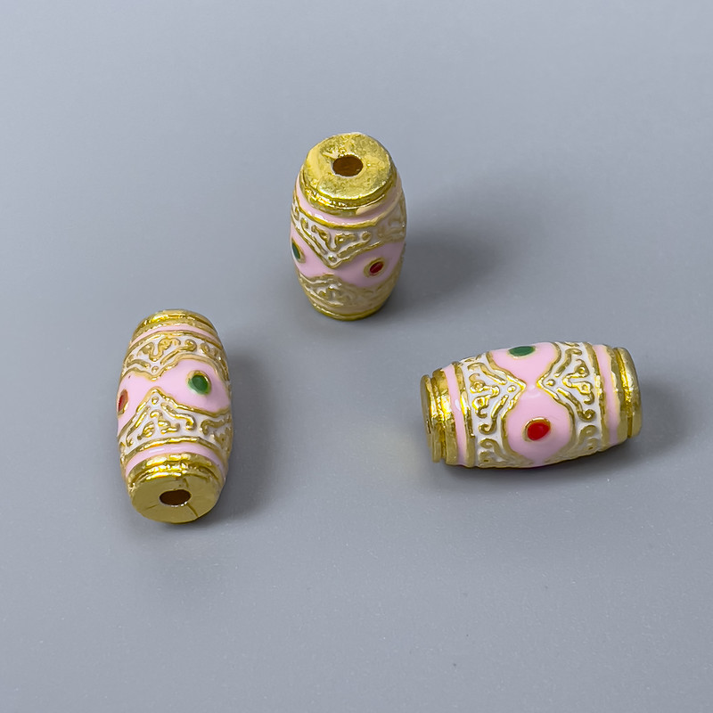 Cloisonne bead barrel bead, cloisonné enamel pink-green-red, 8x14 mm ± hole 2 mm, metal color gold, 1 pc
