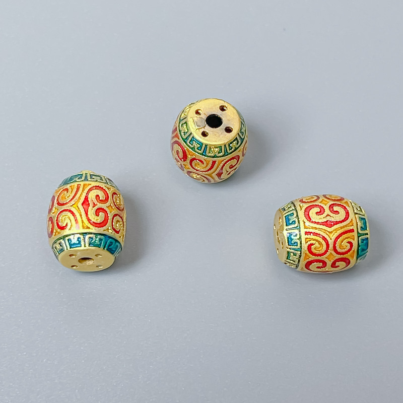 Cloisonné Bead - Cloisonné Barillo bead red green enamel, diameter 10x9mm± hole diameter 1.8mm, gold-toned metal, 1 pc
