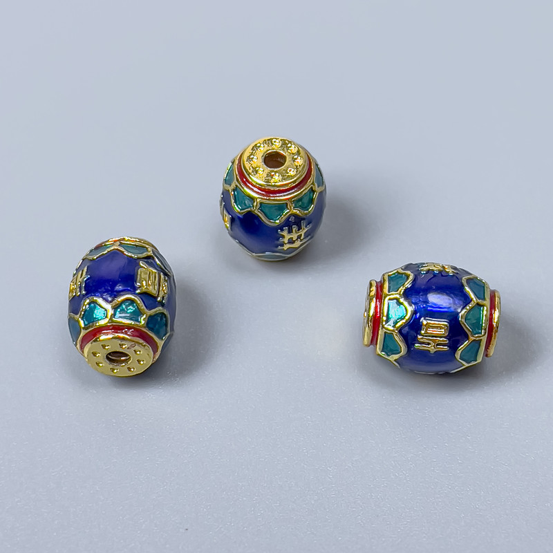 Cloisonné Bead Barrel Bead in Blue, Green, Red Enamel, 8×10 mm ± hole 1.5 mm, metal color: gold, 1 pc