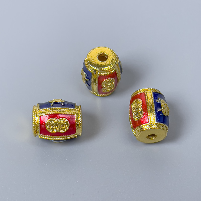 Cloisonné Bead Cabochon Red Blue 9×11mm ± hole 1.8mm, gold-tone metal, 1 pc