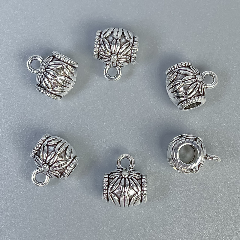 Silver Bail Jewelry Findings, metal color silver, size 8×7×10 mm±, holes diameter ~3 mm and ~1.5 mm, packaging 10 pcs
