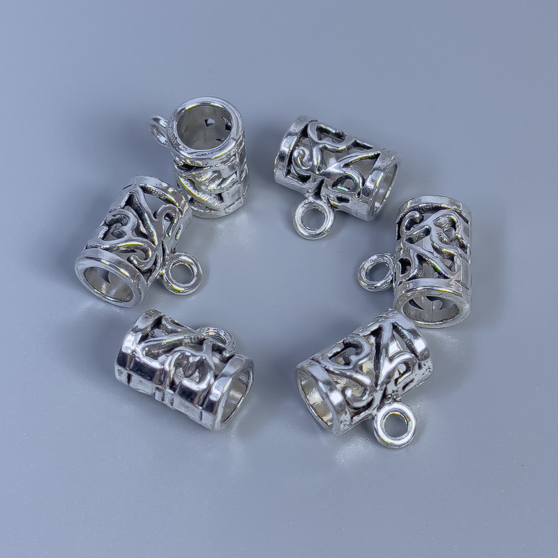 Gland bail color metal silver, sizes 11x8x11mm± holes diameter 5mm±, 2mm± packaged 14 pcs