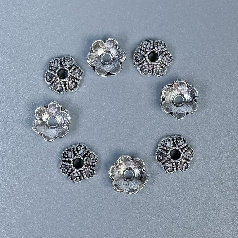 Cap for bead cap in silver color, diameter 7×1 mm± hole ~2 mm, packaging 20 g (~80 pcs)