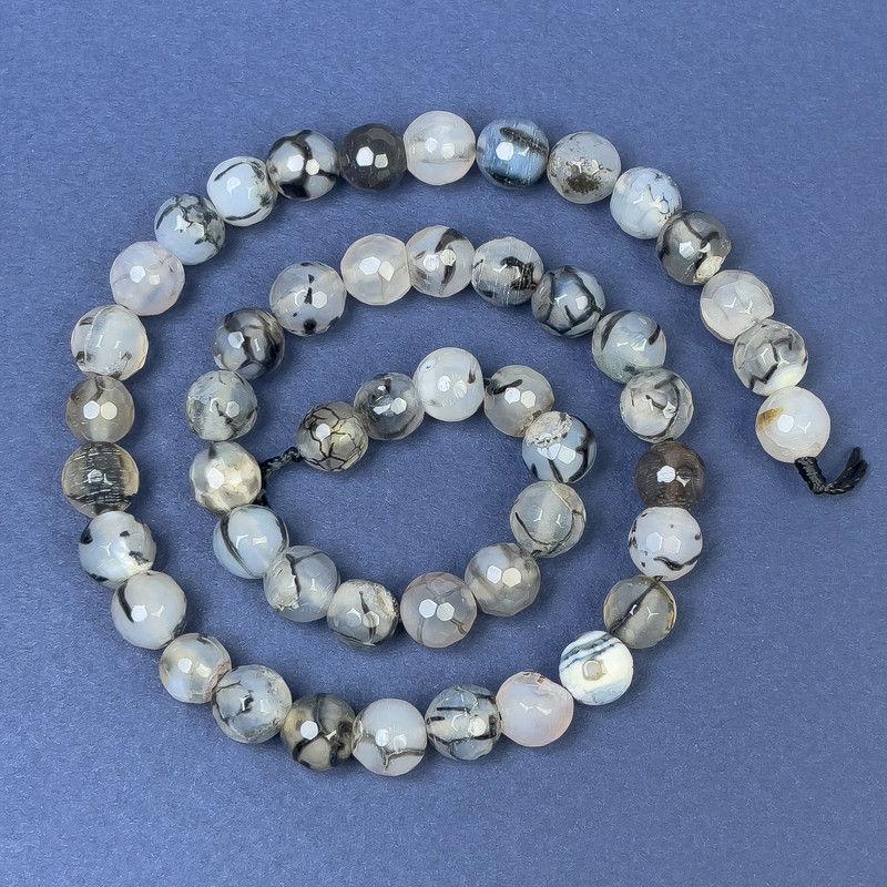 Dragon Vein Agate Beads on Thread - Faceted Round 10mm, 36in Length