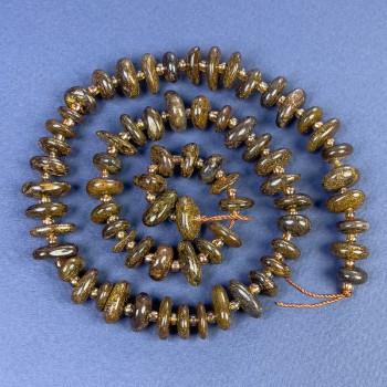 Bronzite Beads, tumbled, 8-10x4 mm, on thread with seed beads, length 40 cm+