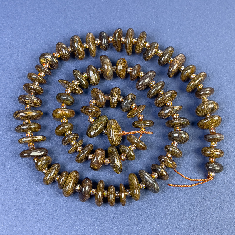 Bronzite Beads, tumbled, 8-10x4 mm, on thread with seed beads, length 40 cm+