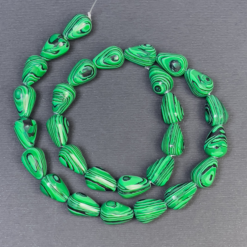 Malachite Beads, pressed stone, drop shape, diameter 15x10 mm, hole 1 mm+, length 40 cm+