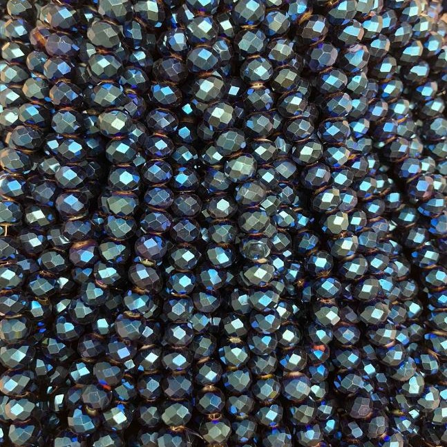 Czech Crystal Beads blue with coating, faceted rondelle, diameter 8x6mm + -, length 40cm +