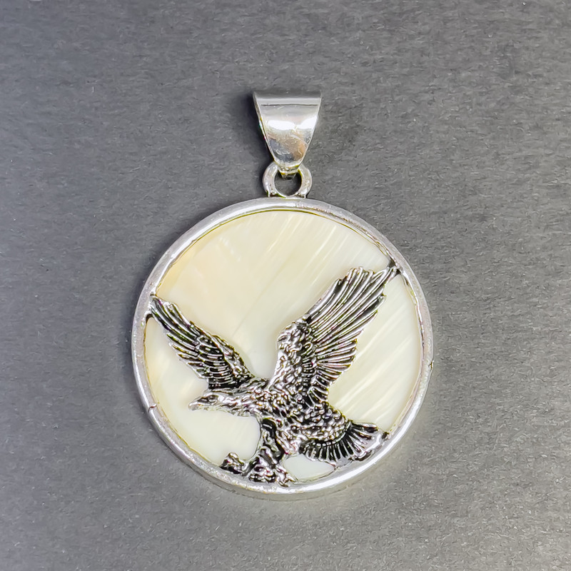 Pendant Mother of Pearl Eagle Silver Metal, diameter 32mm+