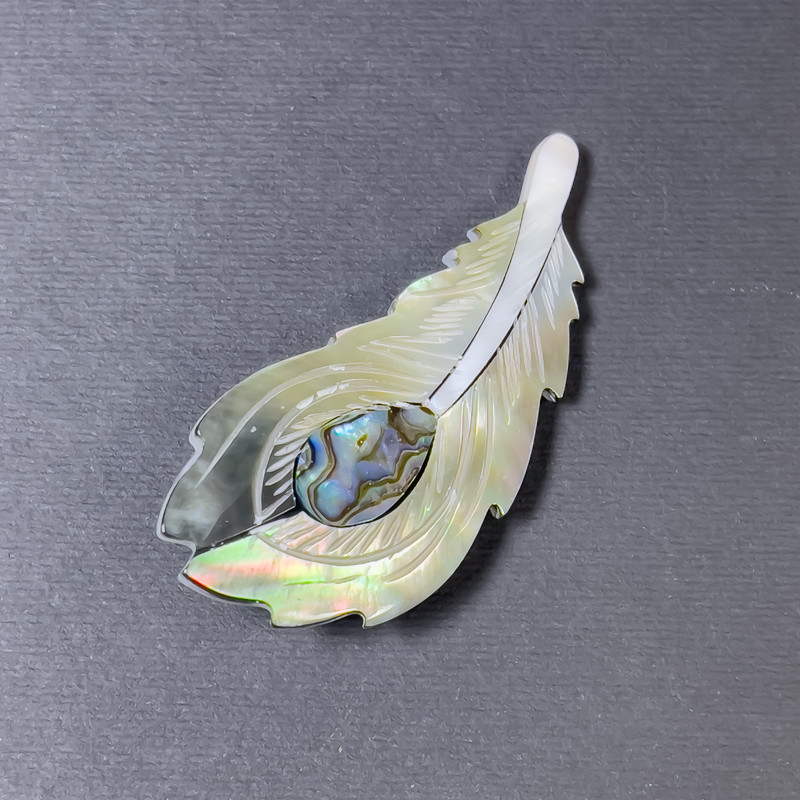 Brooch Pendant Halotite Pearl Feather Silver Color Silver Metal 58x27mm+