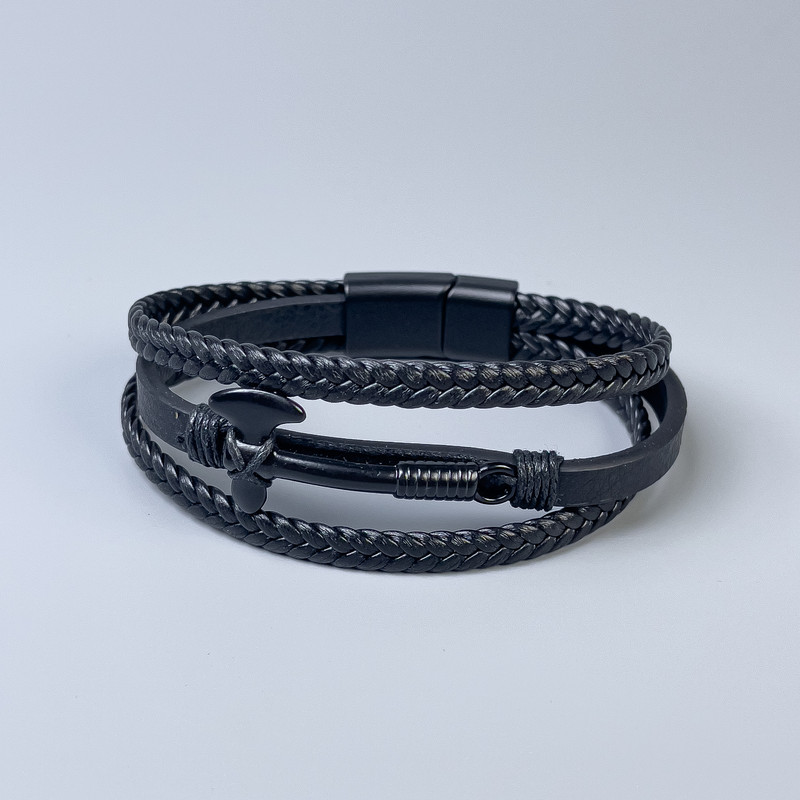 Men's bracelet with black eco-leather and metal inlays, 10-22 mm thick, length 22 cm, black metal clasp