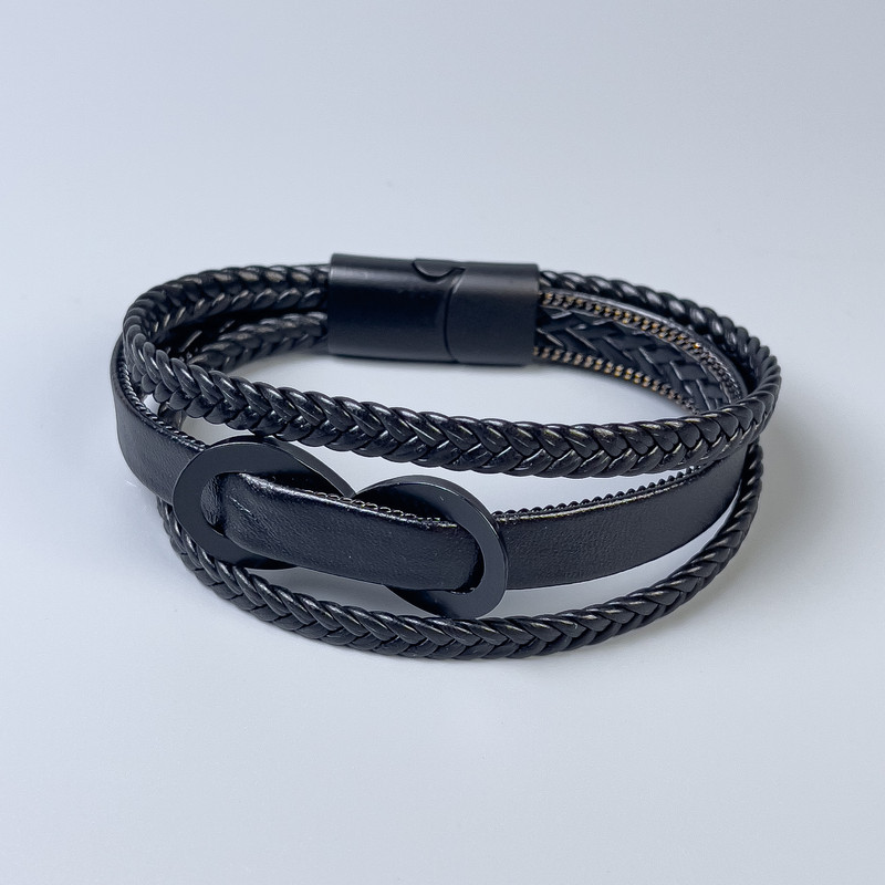 Triple men's bracelet with black eco-leather and metal inlay, 12-25mm thick +-, length 22cm +-, black metal clasp