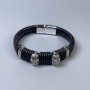 Men's bracelet in black eco-leather with metallic insets, 11mm thick, length 22cm, silver-tone clasp
