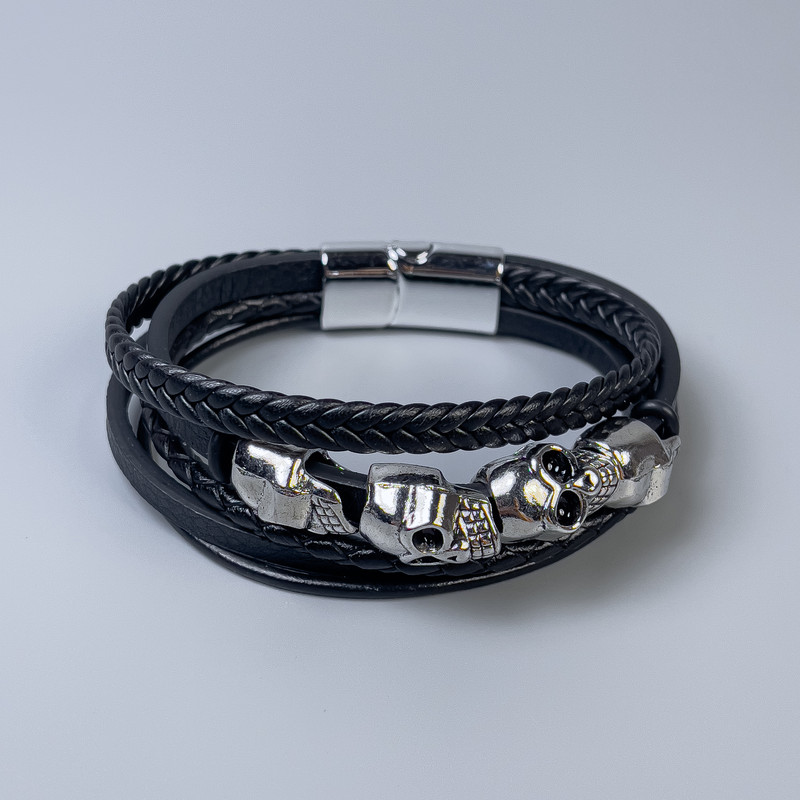 Men's bracelet with black eco-leather and metal inlays, thickness 12-25mm±, length 22cm±, silver metal clasp