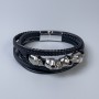 Men's bracelet with black eco-leather and metal inlays, thickness 12-25mm±, length 22cm±, silver metal clasp