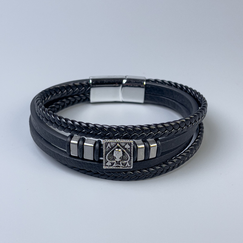 Men's bracelet with eco-leather black with metal inlays, thickness 12-25mm±, length 22cm±, silver metal clasp