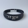 Men's bracelet with eco-leather black with metal inlays, thickness 12-25mm±, length 22cm±, silver metal clasp