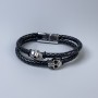 Men's bracelet with black eco-leather and metal inlays, 10mm± thickness, 22cm± length, silver metal on clasp