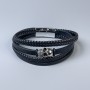 Men's bracelet of black eco-leather with metal insets, thickness 12-20mm±, length 22cm±, silver metal on clasp