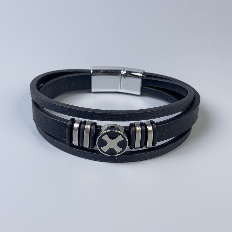 Men's bracelet of eco-leather in black with metal inlays, thickness 10-22 mm ±, length 22 in. ±, silver metal on the clasp