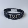 Men's bracelet of eco-leather in black with metal inlays, thickness 10-22 mm ±, length 22 in. ±, silver metal on the clasp