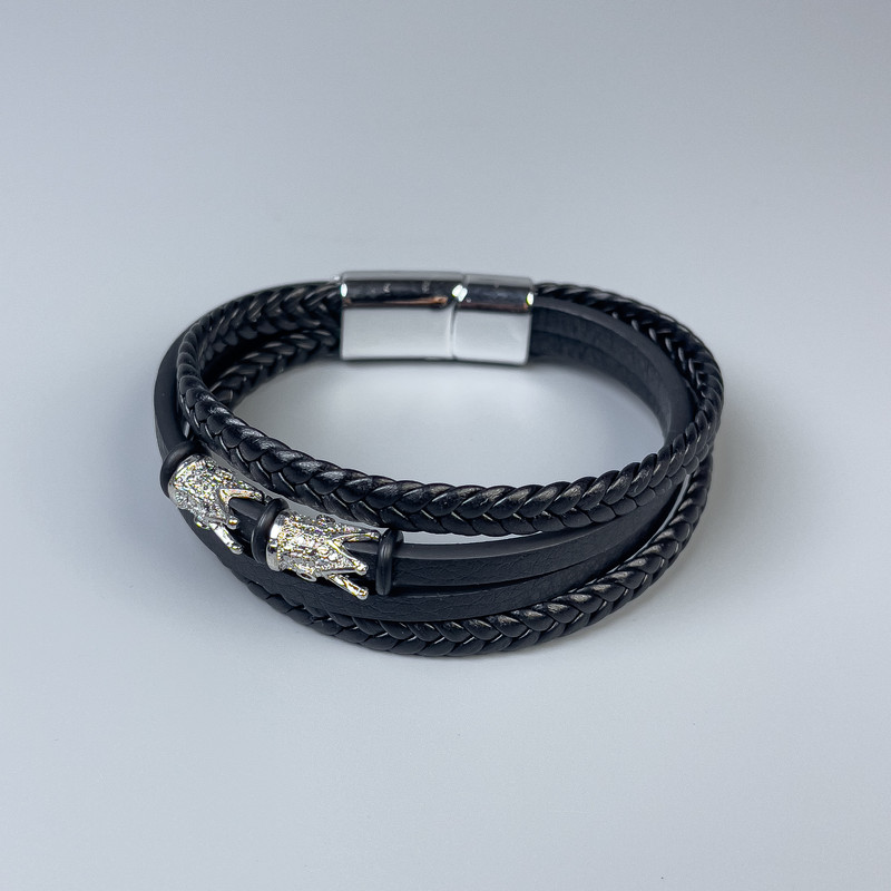 Men's bracelet with black eco-leather and metal inlays, 12-20mm thick, length 22cm, silver metal clasp