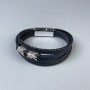 Men's bracelet with black eco-leather and metal inlays, 12-20mm thick, length 22cm, silver metal clasp