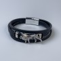 Men's bracelet with black eco-leather and metal inlays, 12-20 mm thick, length 22 in ±, silver metal clasp