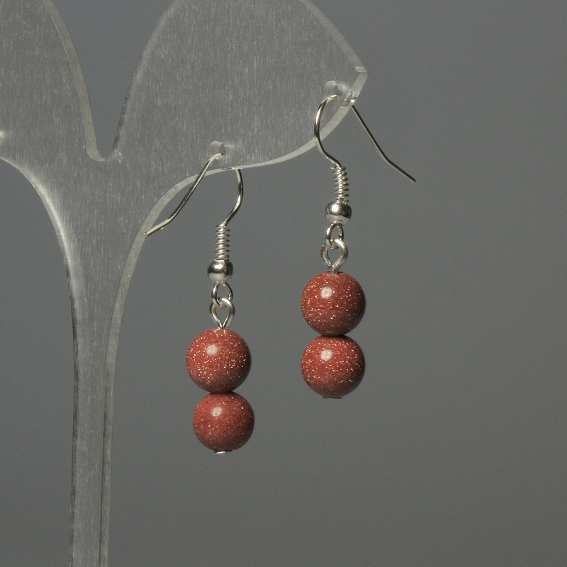 Earrings Aventurine Gold Sand Round Bead 8mm+-, length 32mm+-