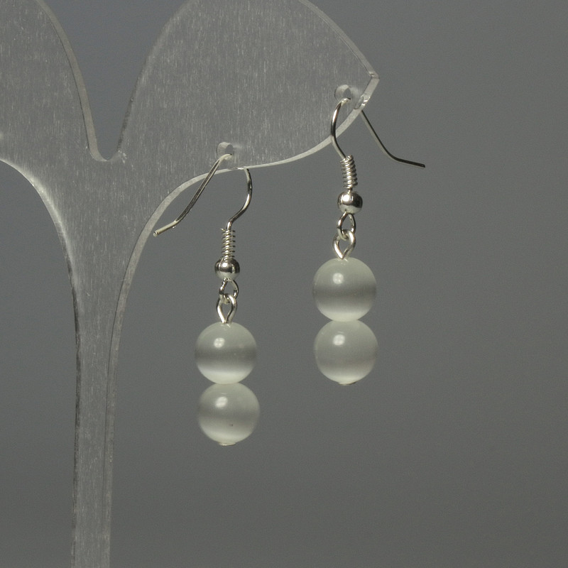 Earrings Cat's Eye Bead 8mm+ Light Gray, 35mm+ Length