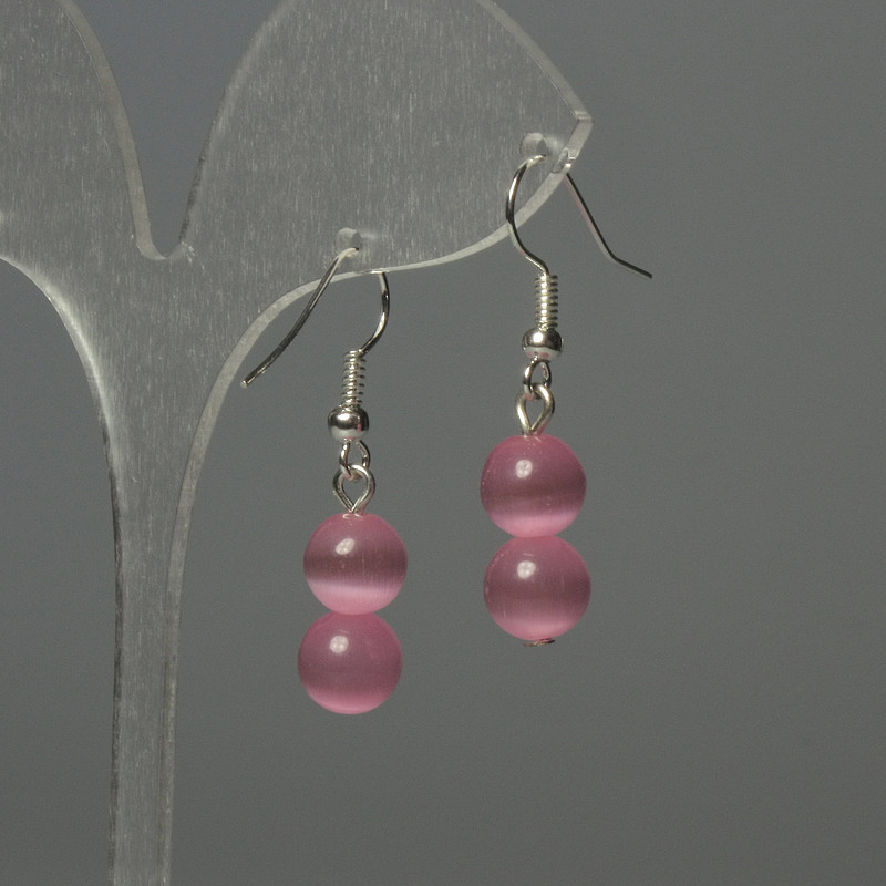Earrings Cat's Eye Bead 8mm+ Pink Color, 35mm+ length