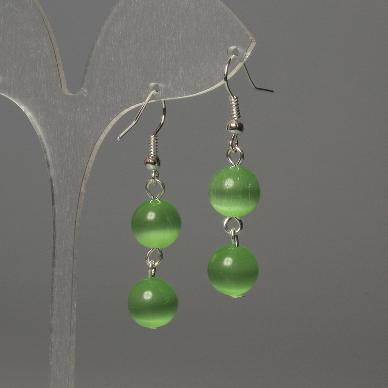 Cat's Eye Bead Earrings 10mm+ Green Color, 42mm+ Length