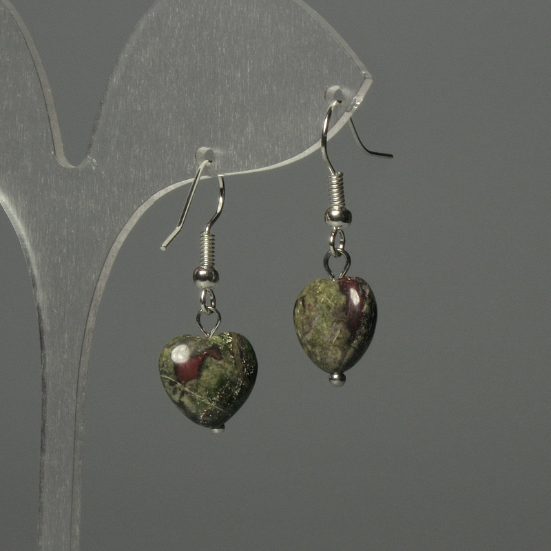 Earrings Red Dragon Blood Jasper Heart 12mm, length 30mm