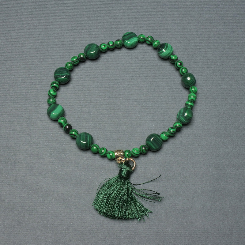 Malachite Coin Bracelet, 8mm coin beads ±, smooth 4mm ±, length 18cm ±, stretch