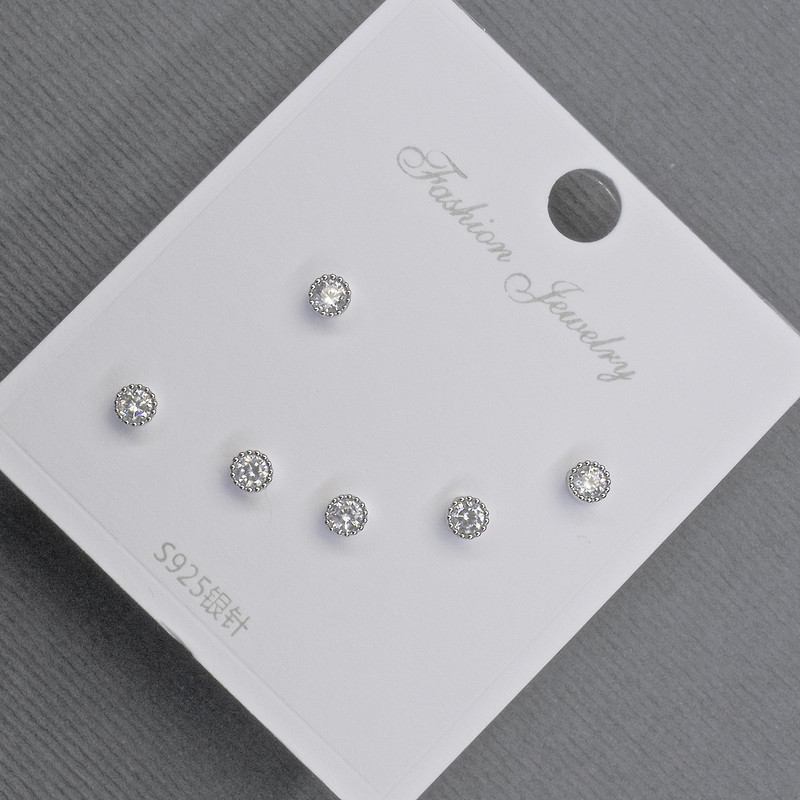 Stud Earrings 3, 2mm+ Silver Metal White Crystals