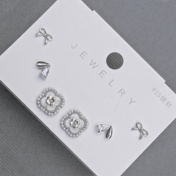 Earrings, Studs, Clover, White Crystals, Silver Metal, 10mm
