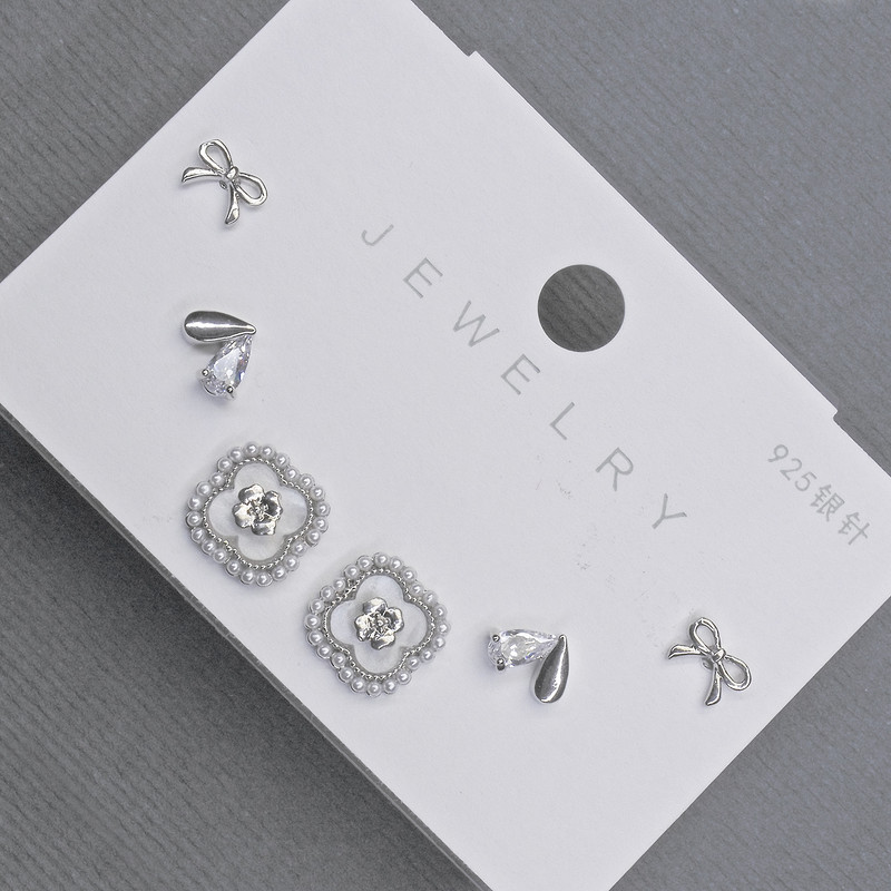 Earrings, Studs, Clover, White Crystals, Silver Metal, 10mm