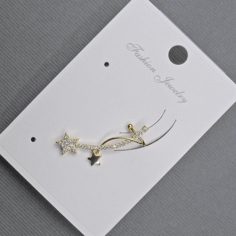 Stud Earring with Café on Ear Silver Metal 11x28mm+- White Rhinestones