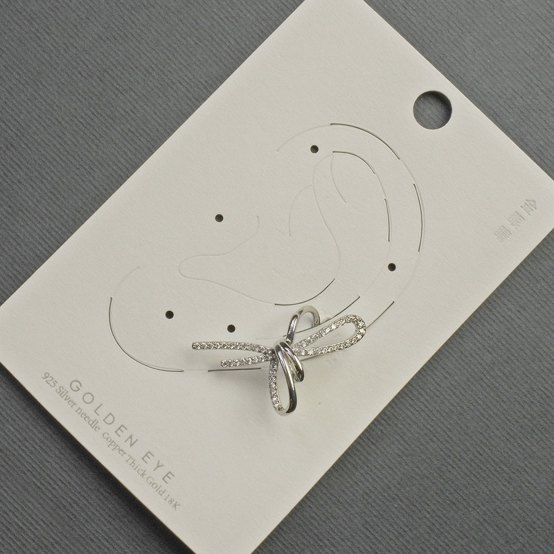 Cafe earring for ear, Bow, silver metal 17x30mm±, white rhinestones