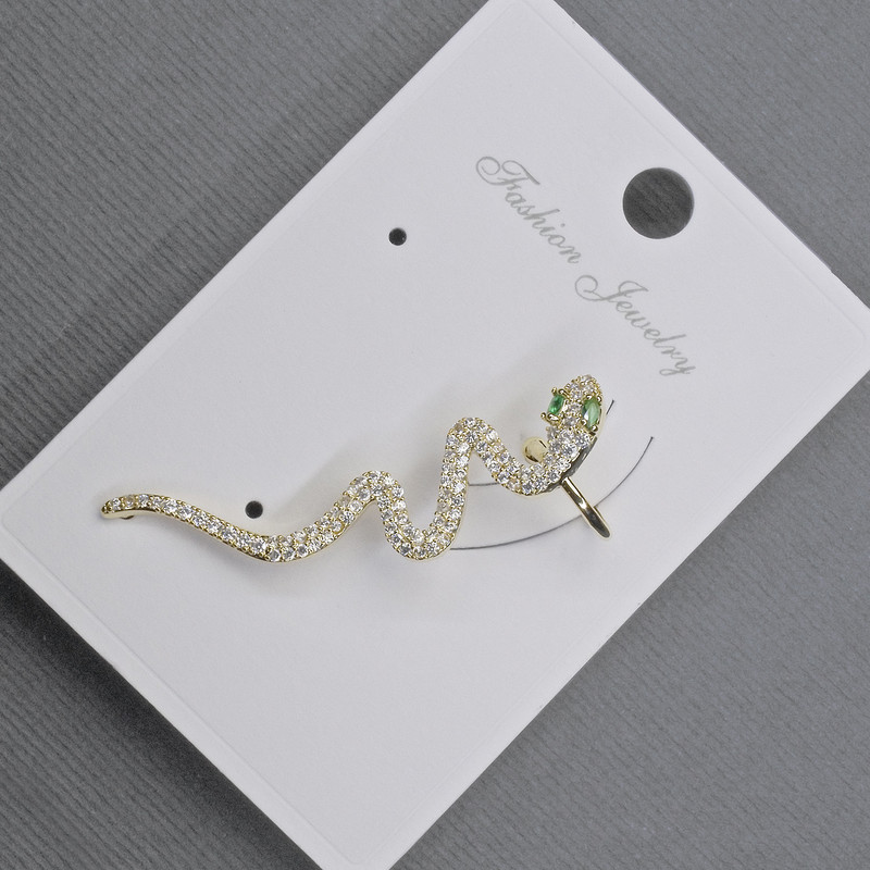 Cafe stud earring on a golden-colored metal, length 41mm±, white and green rhinestones
