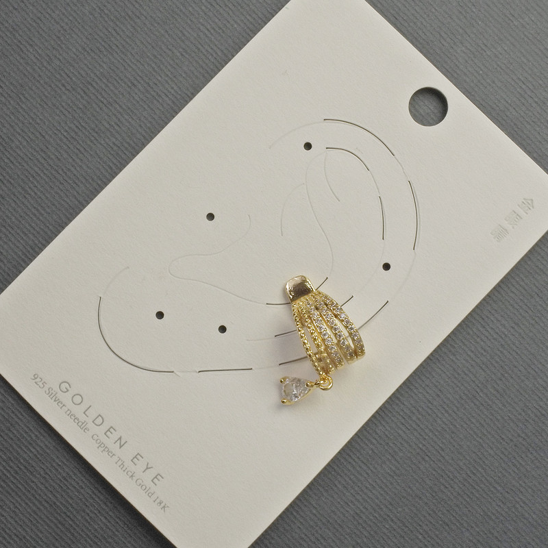 Café Stud Earring on Ear with Golden Metal 10x14mm± White Rhinestones