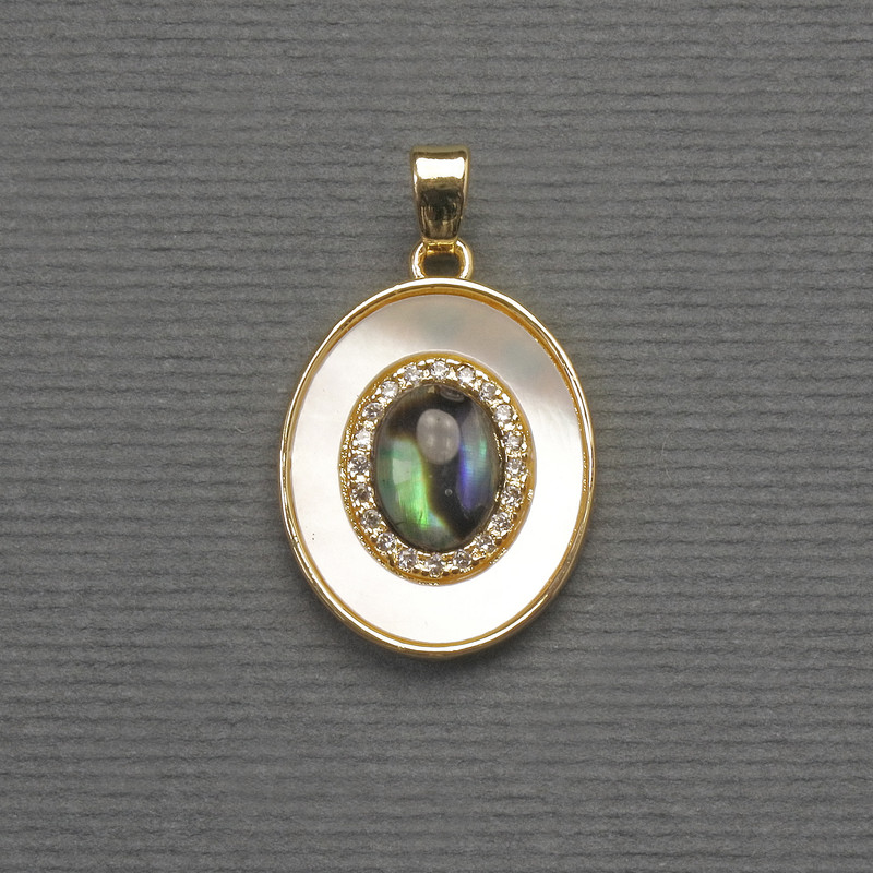 Pendant Haliotis Mother-of-Pearl oval golden metal, diameter 18×16 mm ±, length 27 mm ±