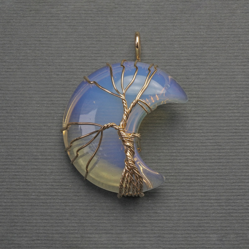 Moon Pendant with Moonstone in Golden Wire Weave, diameter 35mm±, length 45mm±
