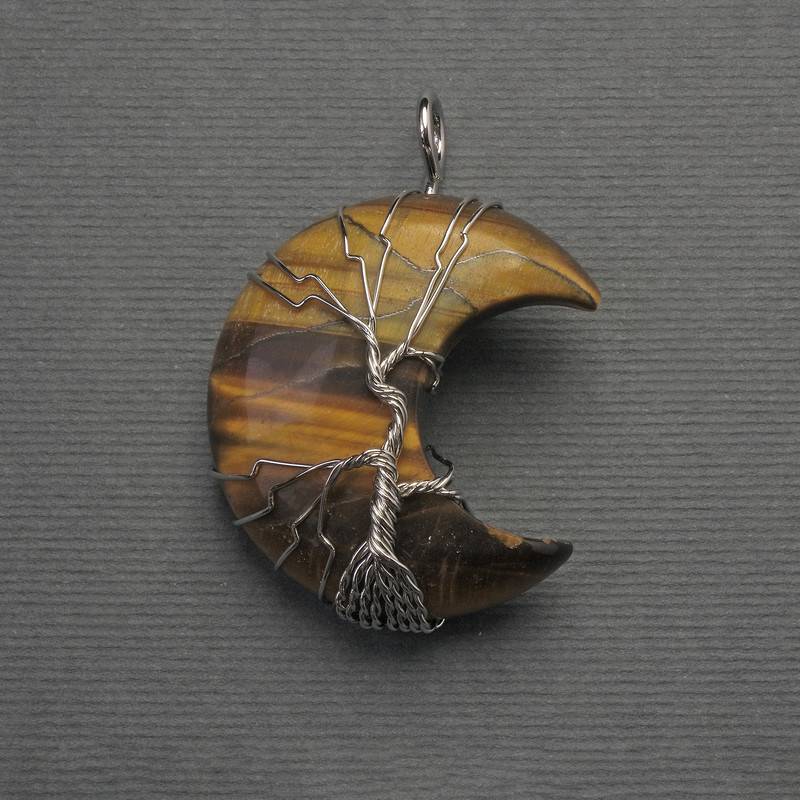 Pendant Moon Tiger's Eye in a silver-plated weave, diameter 35mm+-, length 45mm+-