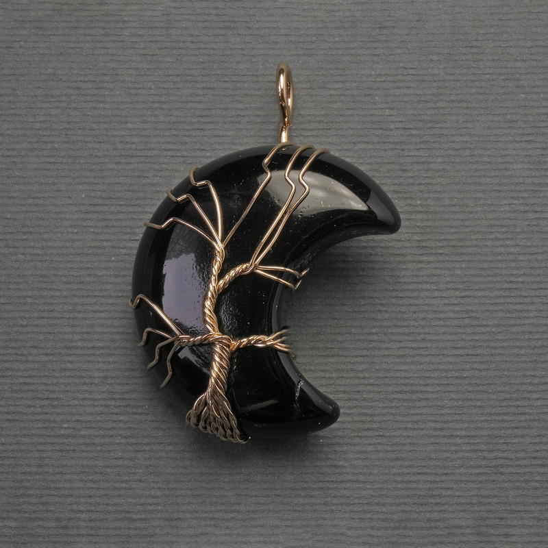 Pendant Moon Agate in Golden Wire Wrapping, diameter 35mm±, length 45mm±