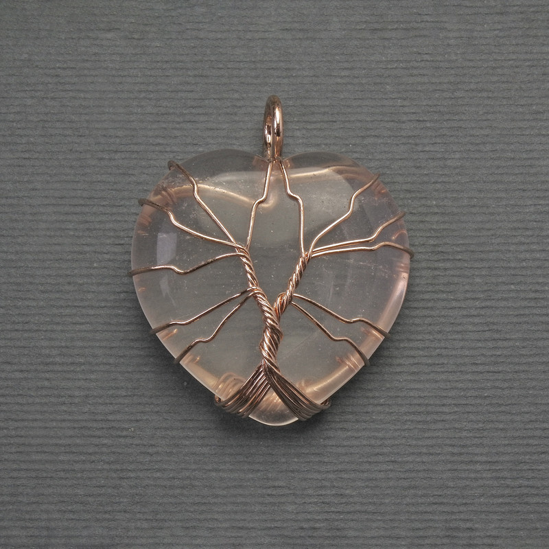 Pendant Heart Pink Quartz in Golden Wire Wrapping, diameter 30x30mm±, length 37mm±